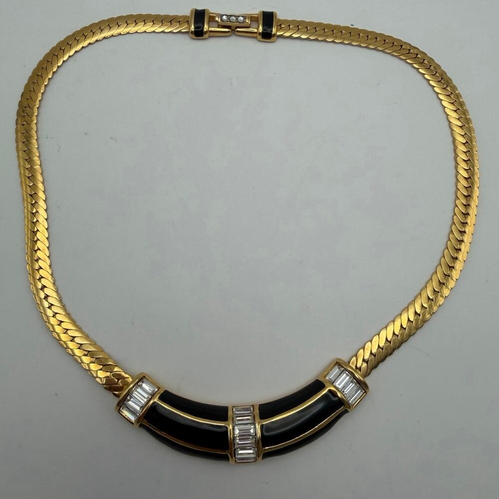 Vintage SAL Swarovski Crystal Black Herringbone Collar Necklace Gold Tone 80s
